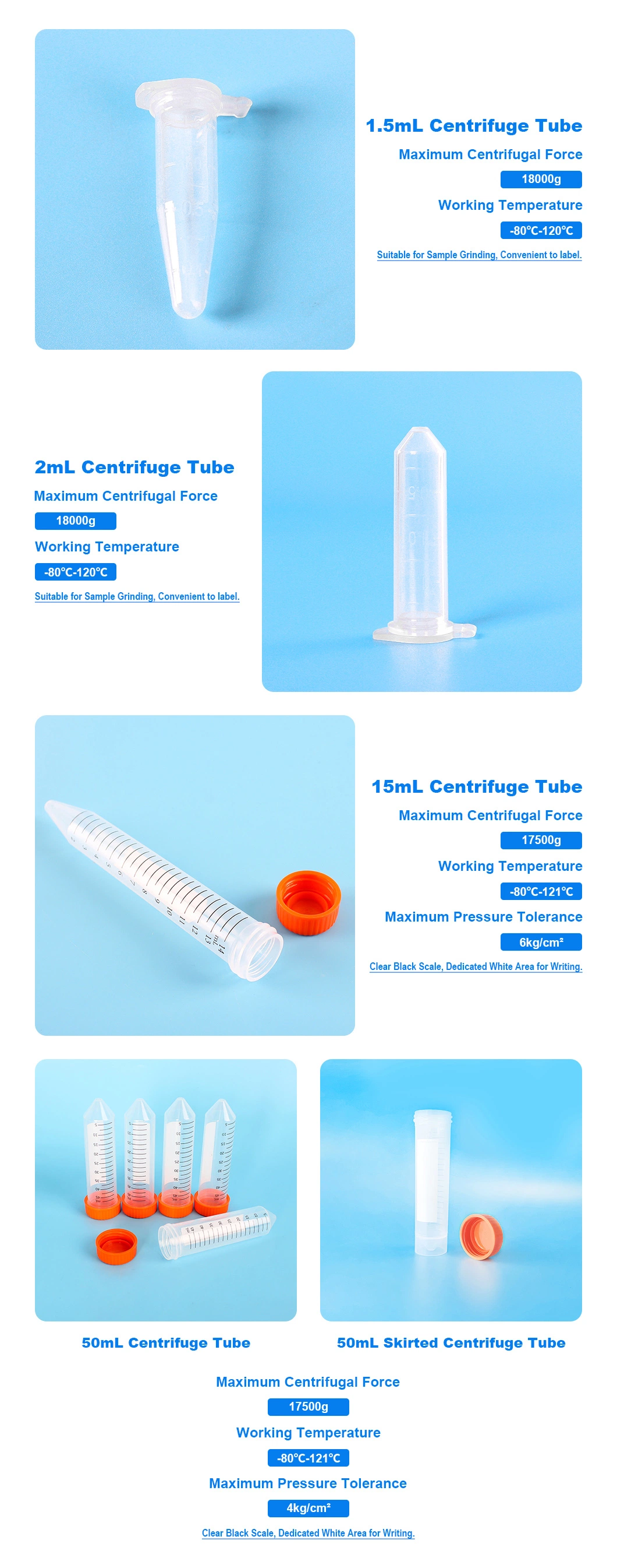 Lab Consumables Graduated Sterile Conical Plastic 50ml Centrifuge Tube